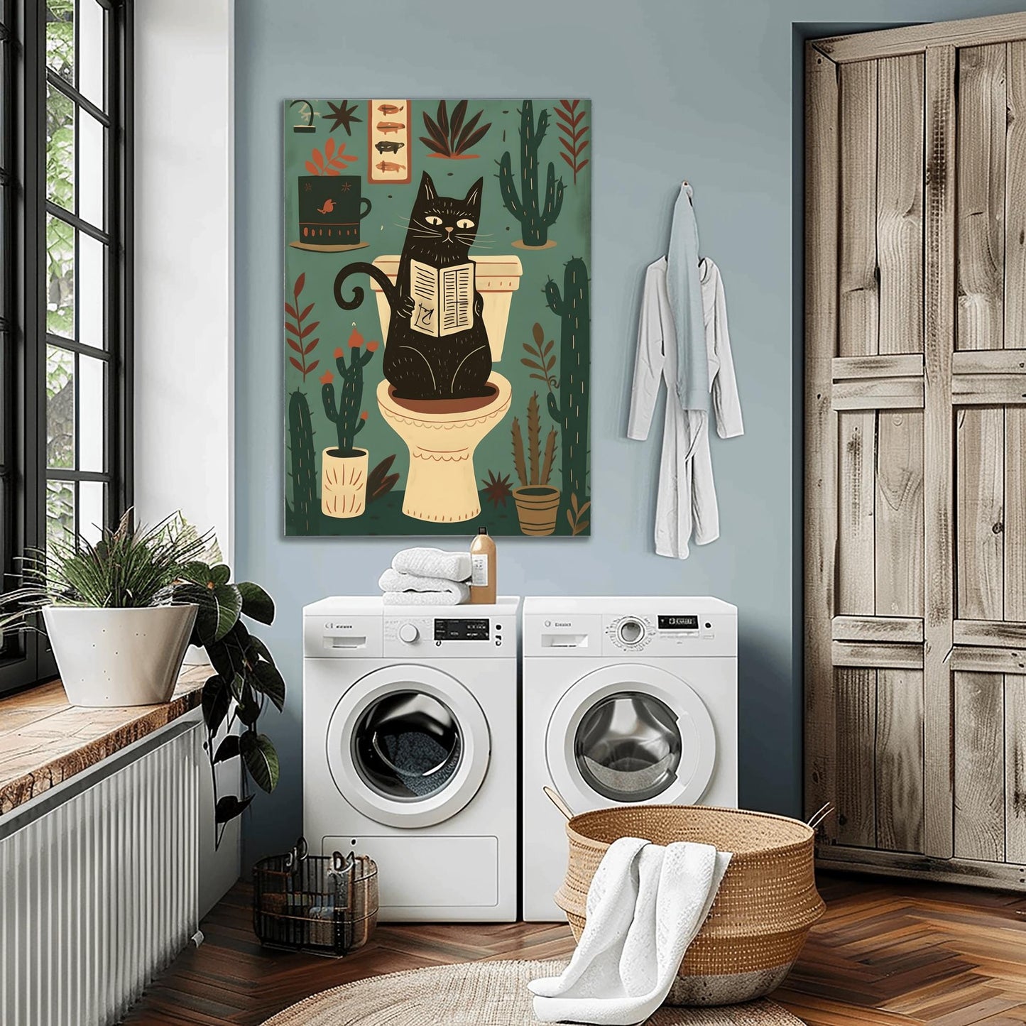 Matisse Art Print Black Cat Toilet Wall Decor, Retro Funky Bathroom Poster, Pink Mid Century Modern Illustration