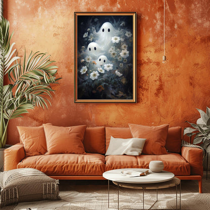Multiple Ghosts Halloween Floral Print | Ethereal Haunted Garden Art | White Flowers Spooky Decor | Mystical Spirit Poster