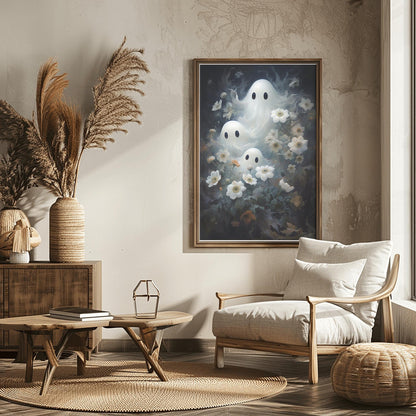 Multiple Ghosts Halloween Floral Print | Ethereal Haunted Garden Art | White Flowers Spooky Decor | Mystical Spirit Poster