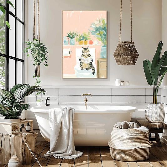 Funny Tabby Cat Toilet Art Print, Retro Funky Style Bathroom Wall Decor, Pink Dopamine Mid Century Modern Illustration
