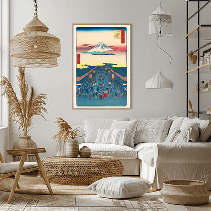 Japanese Woodblock Print Mount Fuji Art, Edo Market Scene, Ukiyo-e, Traditional Asian Decor, Vibrant Historical Poster