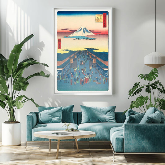 Japanese Woodblock Print Mount Fuji Art, Edo Market Scene, Ukiyo-e, Traditional Asian Decor, Vibrant Historical Poster