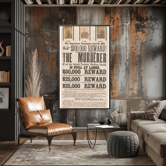 Vintage Lincoln Assassination Reward Poster | 1865 Historical Document Print | John Wilkes Booth Manhunt Art | Civil War Era Memorabilia