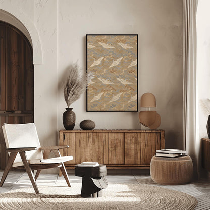 Traditional Japanese Crane & Pine Tree Textile Print | Elegant Wave Pattern Fabric Art | Asian Decor Wall Art | Nature Motif Home Decor