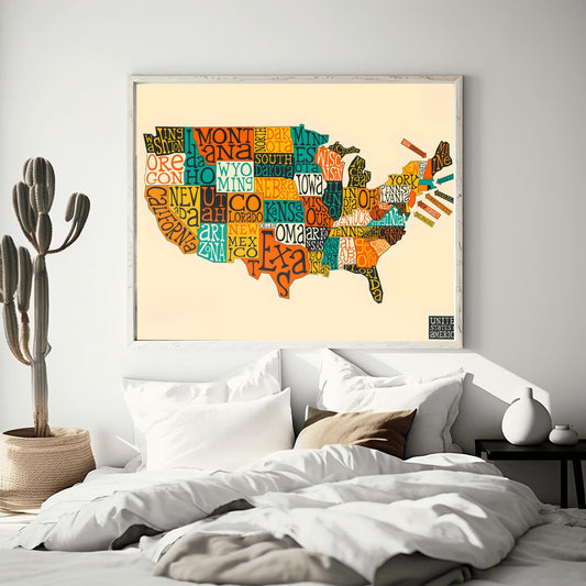 USA Map Print Colorful Wall Art – Modern Typographic United States Poster, America Patriotic Decor, Unique Travel Gift