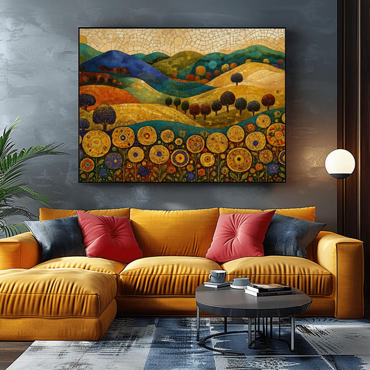 Gustav Klimt Mosaic Art Print – Vibrant Abstract Landscape with Golden Sky, Textured Hills, Unique Wall Decor for Art Lovers