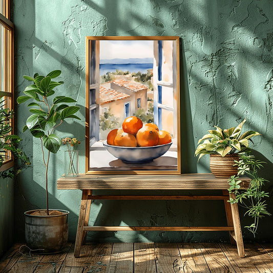Mediterranean Kitchen Window Art - Watercolor Orange Bowl Print, Coastal Home Decor, Tuscany Villa, Summer Wall Poster
