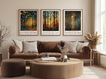 Gustav Klimt Poster Set of 3 – Art Nouveau Forest Prints, Golden Tree Wall Art, Earth Tone Gallery Wall Decor, Physical Posters for Rooms