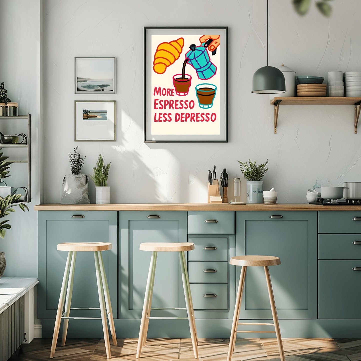 Espresso Coffee Poster Fun Kitchen Decor Gift Idea - More Espresso Less Depresso Kitchen Wall Art