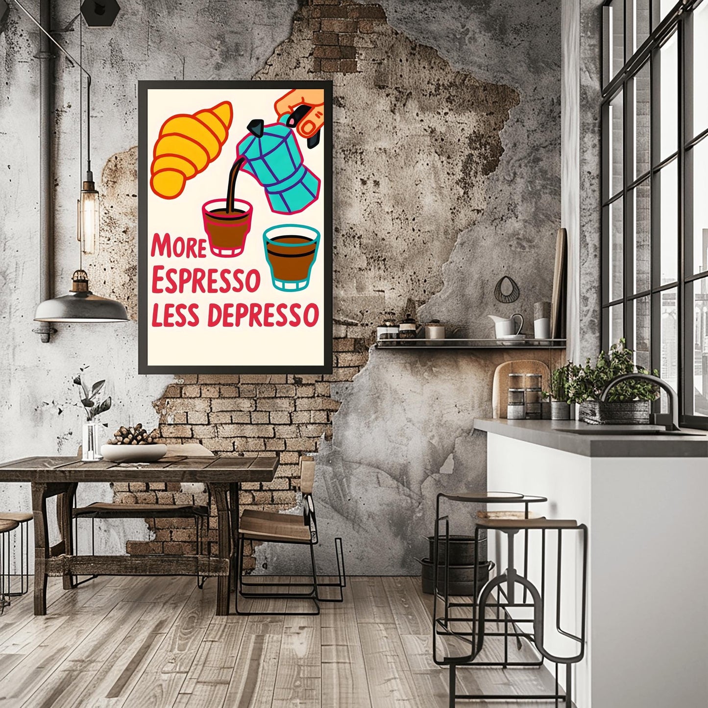 Espresso Coffee Poster Fun Kitchen Decor Gift Idea - More Espresso Less Depresso Kitchen Wall Art