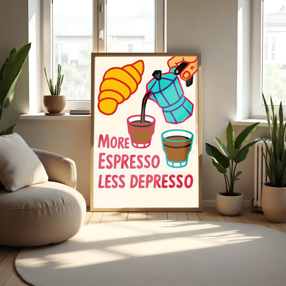 Espresso Coffee Poster Fun Kitchen Decor Gift Idea - More Espresso Less Depresso Kitchen Wall Art