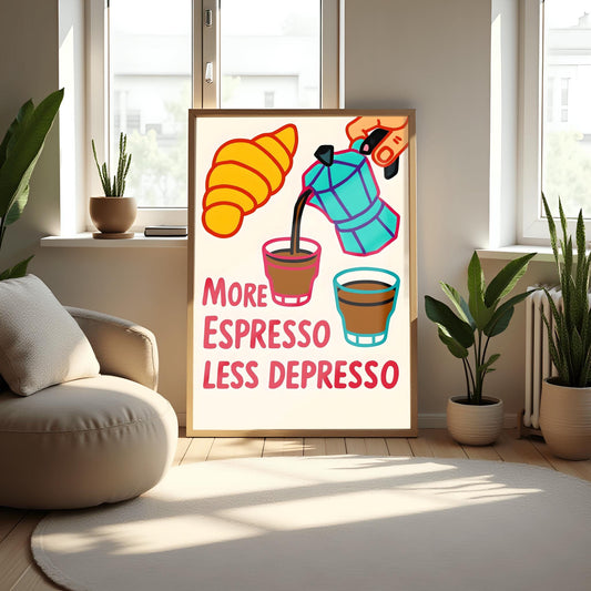 Espresso Coffee Poster Fun Kitchen Decor Gift Idea - More Espresso Less Depresso Kitchen Wall Art