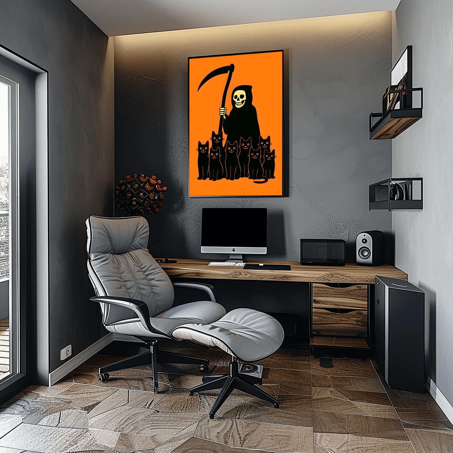 Minimalist Halloween Decor Spooky Grim Reaper Black Cat Art, Halloween Wall Art, Creepy Cute Art, Unique Halloween Gift
