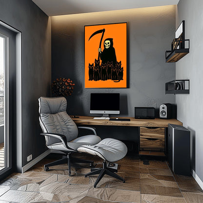 Minimalist Halloween Decor Spooky Grim Reaper Black Cat Art, Halloween Wall Art, Creepy Cute Art, Unique Halloween Gift
