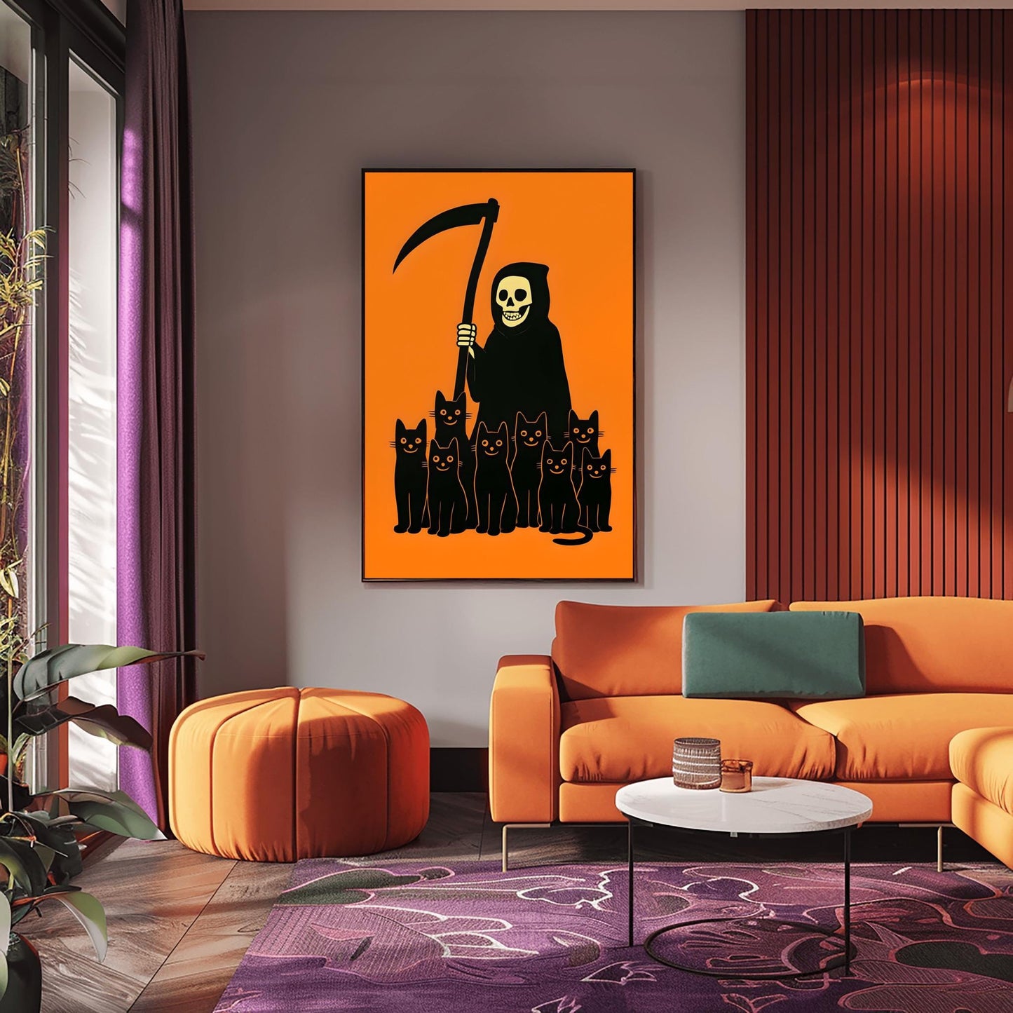 Minimalist Halloween Decor Spooky Grim Reaper Black Cat Art, Halloween Wall Art, Creepy Cute Art, Unique Halloween Gift