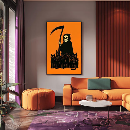 Minimalist Halloween Decor Spooky Grim Reaper Black Cat Art, Halloween Wall Art, Creepy Cute Art, Unique Halloween Gift
