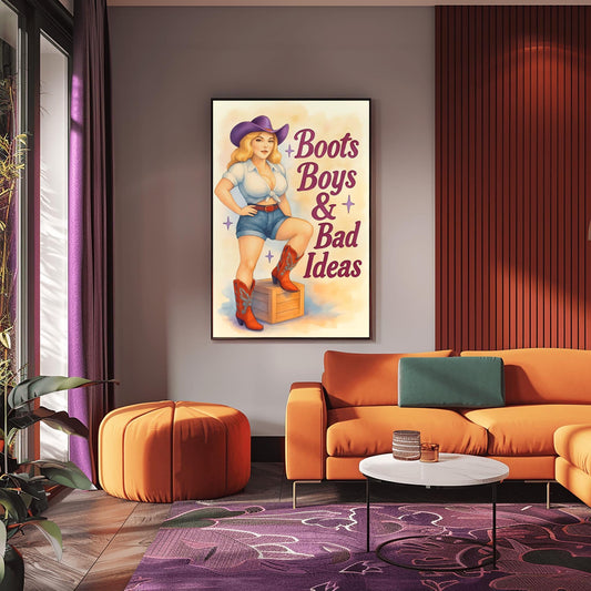 Western Wall Art Pin Up Girl with Cowboy Boots, Retro Decor for Home, Man Cave, Dorm, Farmhouse, Unique Gift