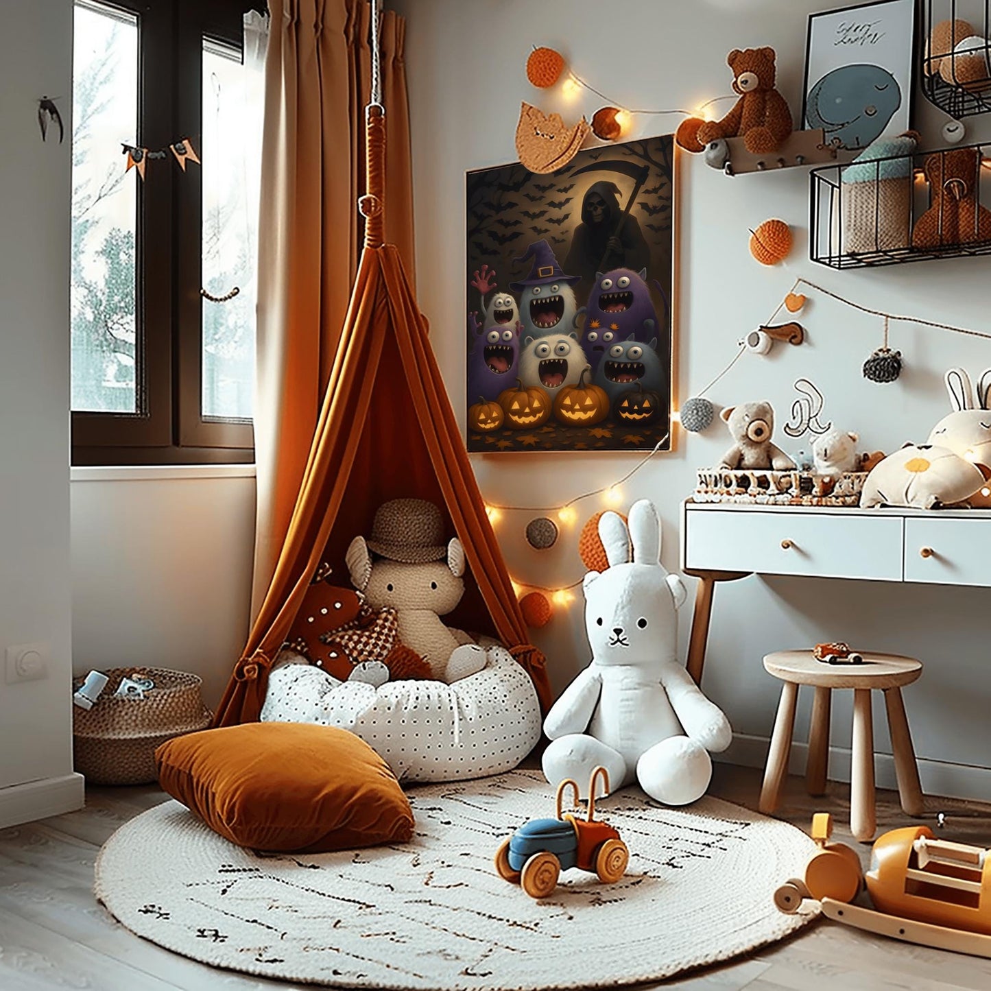 Halloween Decor Monster Wall Art Print – Spooky Cute Cartoon Art for Kids Room, Fun Pumpkin October Gift, Haunted House Decor