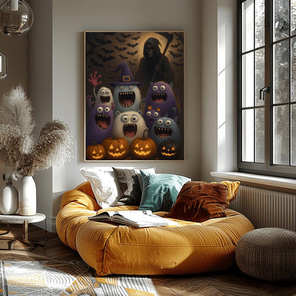 Halloween Decor Monster Wall Art Print – Spooky Cute Cartoon Art for Kids Room, Fun Pumpkin October Gift, Haunted House Decor