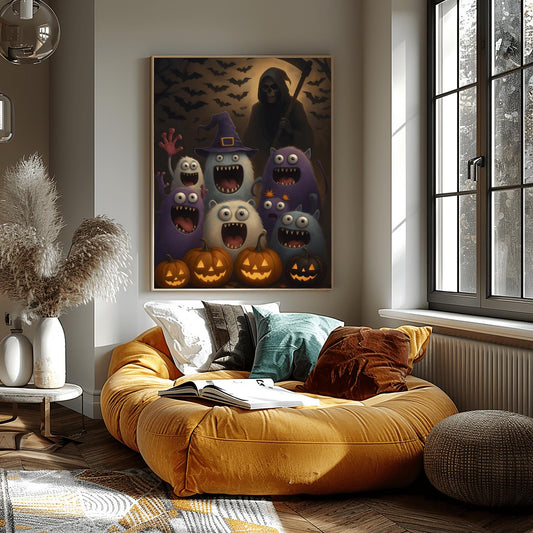 Halloween Decor Monster Wall Art Print – Spooky Cute Cartoon Art for Kids Room, Fun Pumpkin October Gift, Haunted House Decor