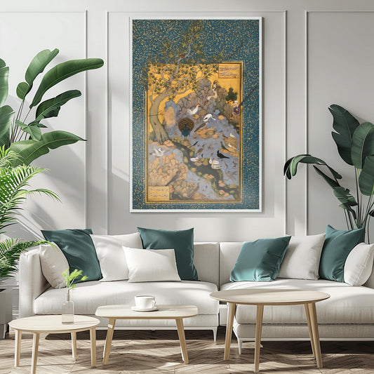 Persian Art Concourse of The Birds (Premium Habiballah Of Sava Print of Traditional Persian Miniature Painting) Bird Wall Art Home Decor