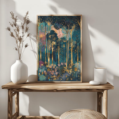 Magical Forest Wall Art Gustav Klimt Inspired Luxury Autumn Home Decor Coquette Room Styling Print