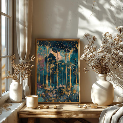Gustav Klimt Inspired Art, Enchanted Forest Print, Magical Autumn Decor, Coquette Room Style, Luxury Wall Art, Gold Blue Painting
