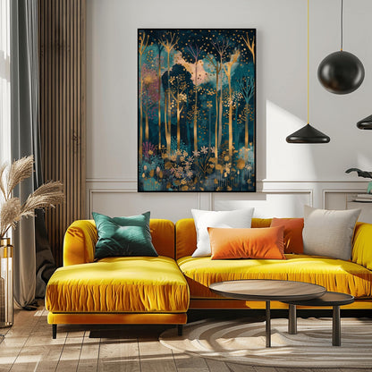 Gustav Klimt Inspired Art, Enchanted Forest Print, Magical Autumn Decor, Coquette Room Style, Luxury Wall Art, Gold Blue Painting