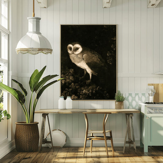 Antique Owl Painting, Vintage Animal Wall Art, Dark Academia Print, Moody Rustic Bird, Poster Print, Aesthetic Folk Art