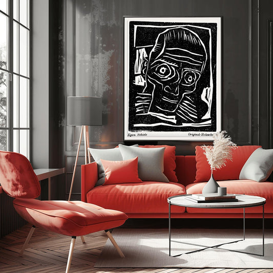 Egon Schiele Self-Portrait Print | Expressionist Woodcut Art | Black & White Wall Decor | Avant-Garde Portrait Poster | Modern Art Gift