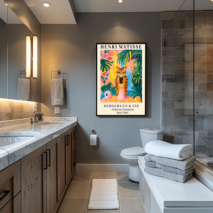 Funny Tabby Cat Toilet Art Print Holding Mobile Phone, Matisse Style Bathroom Wall Decor, Pink Dopamine Mid Century Modern Illustration