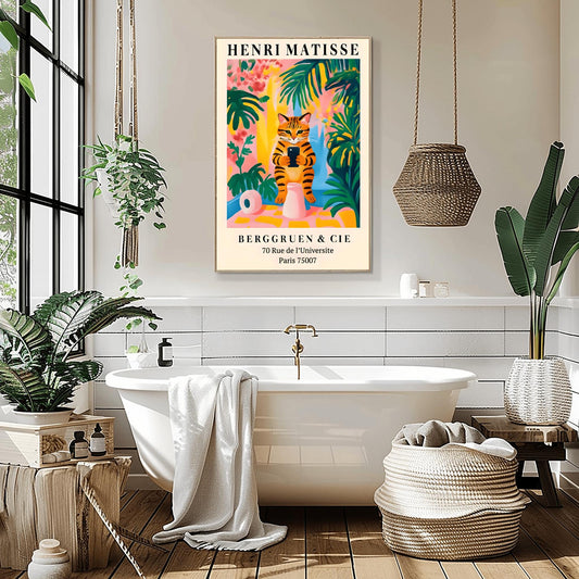 Funny Tabby Cat Toilet Art Print Holding Mobile Phone, Matisse Style Bathroom Wall Decor, Pink Dopamine Mid Century Modern Illustration