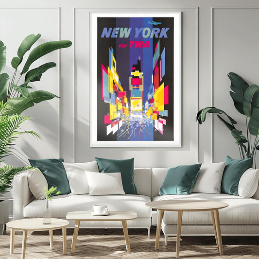 Vintage New York TWA Travel Poster | Retro Times Square Art Print | NYC Cityscape Wall Decor | Mid-Century Modern Airline Gift | Urban Art