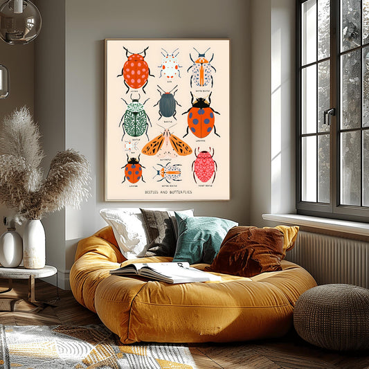 Vibrant Beetles, Bugs and Butterfly Poster, Bug Identification Chart, Kids Room Wall Art