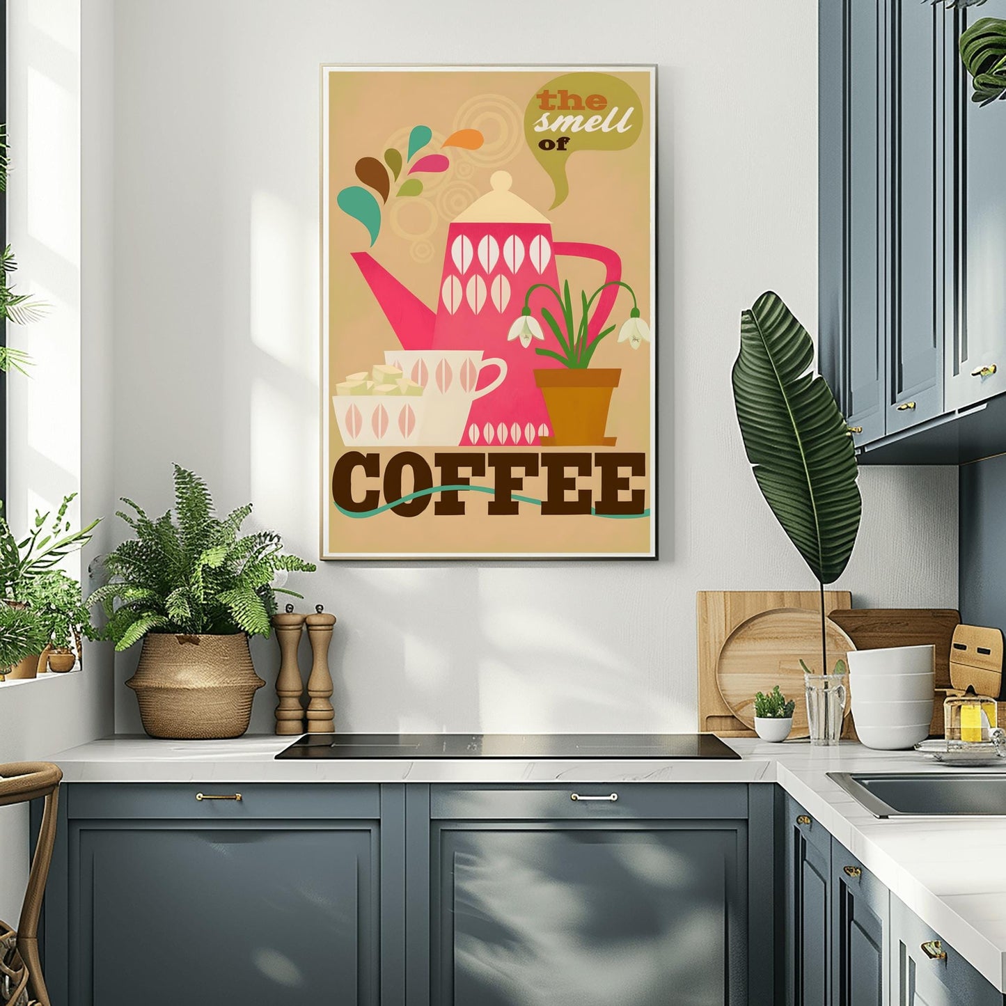 Retro Coffee Poster, Kitchen Wall Art, Mid-Century Modern Teapot Print, Coffee Lover Gift