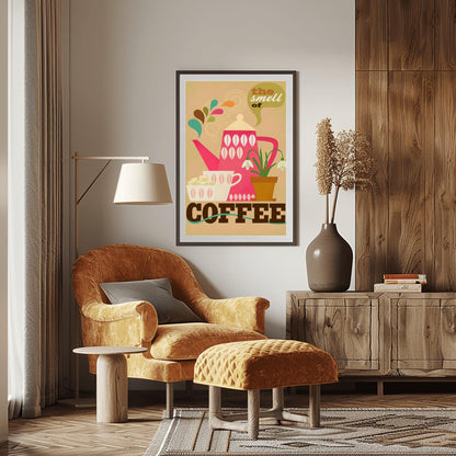Retro Coffee Poster, Kitchen Wall Art, Mid-Century Modern Teapot Print, Coffee Lover Gift