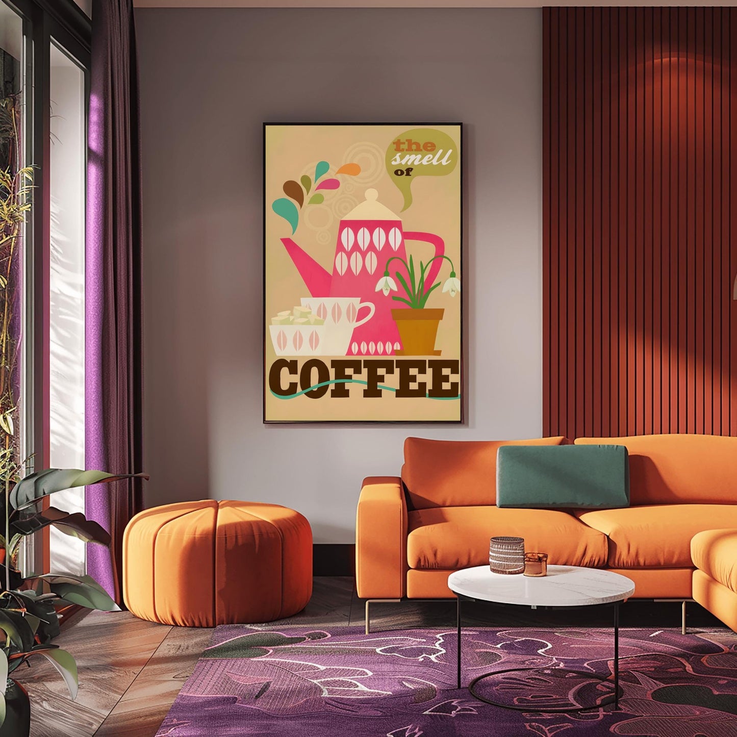Retro Coffee Poster, Kitchen Wall Art, Mid-Century Modern Teapot Print, Coffee Lover Gift