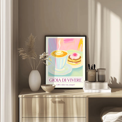 Pastel Cafe Scene Print, 'Gioia di Vivere' Coffee & Cake Poster, Retro Kitchen Wall Art, Cozy Coffee Lover Gift