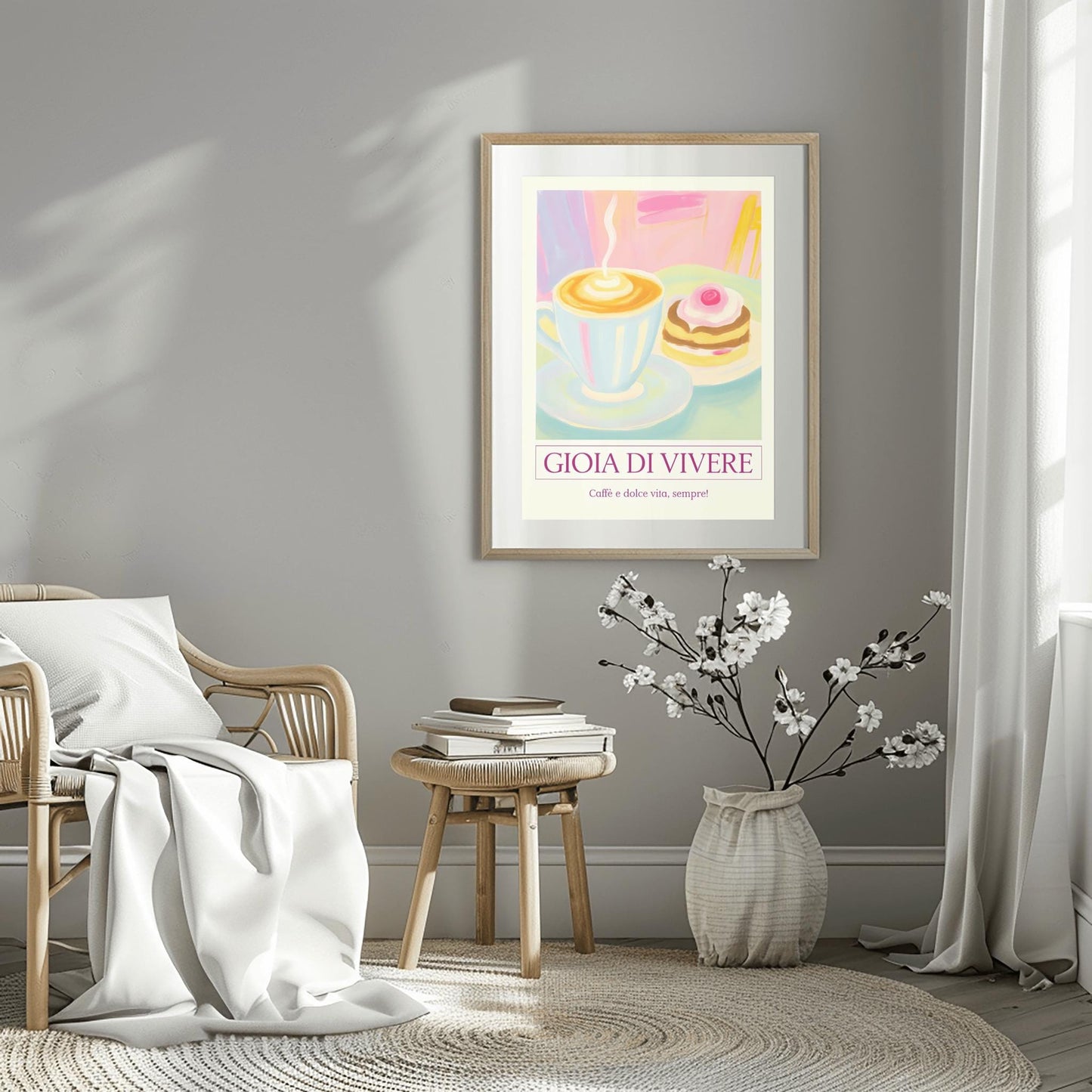 Pastel Cafe Scene Print, 'Gioia di Vivere' Coffee & Cake Poster, Retro Kitchen Wall Art, Cozy Coffee Lover Gift