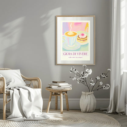Pastel Cafe Scene Print, 'Gioia di Vivere' Coffee & Cake Poster, Retro Kitchen Wall Art, Cozy Coffee Lover Gift