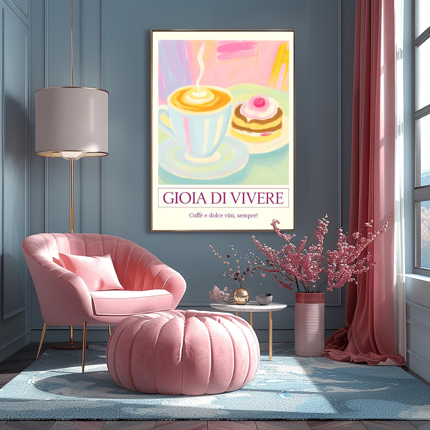Pastel Cafe Scene Print, 'Gioia di Vivere' Coffee & Cake Poster, Retro Kitchen Wall Art, Cozy Coffee Lover Gift