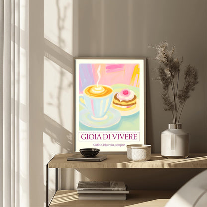 Pastel Cafe Scene Print, 'Gioia di Vivere' Coffee & Cake Poster, Retro Kitchen Wall Art, Cozy Coffee Lover Gift