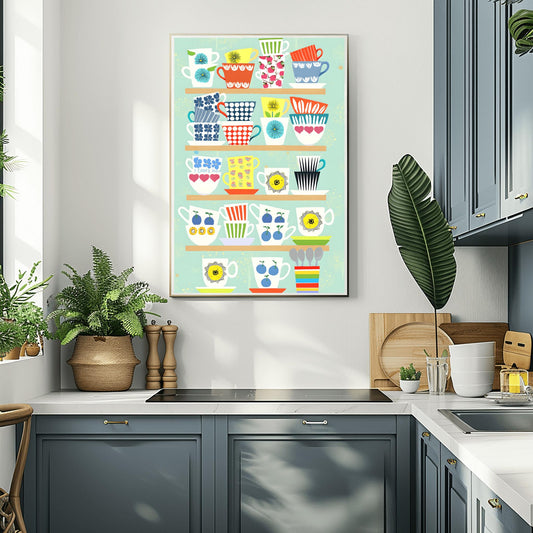 Whimsical Teacup Art Print, Retro Kitchen Wall Decor, Colorful Tea Lover Gift, Mid-Century Modern Mug Poster