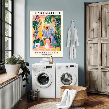 Funny Tabby Cat Toilet Art Print, Matisse Style Bathroom Wall Decor, Butterfly Love, Pink Dopamine Mid Century Modern Illustration