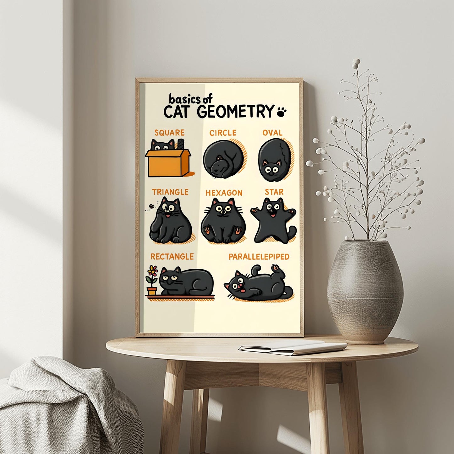 Cute Cat Geometry Poster, Cute Black Cat Art Print, Funny Cat Lover Gift, Whimsical Kids Room Decor, Physical Print