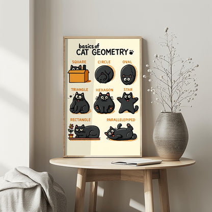 Cute Cat Geometry Poster, Cute Black Cat Art Print, Funny Cat Lover Gift, Whimsical Kids Room Decor, Physical Print