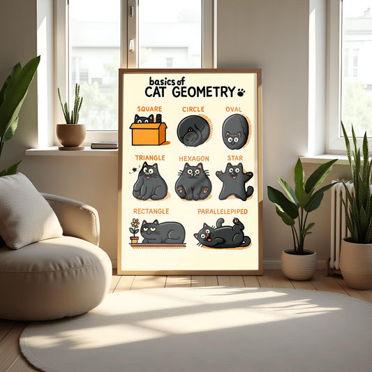 Cute Cat Geometry Poster, Cute Black Cat Art Print, Funny Cat Lover Gift, Whimsical Kids Room Decor, Physical Print