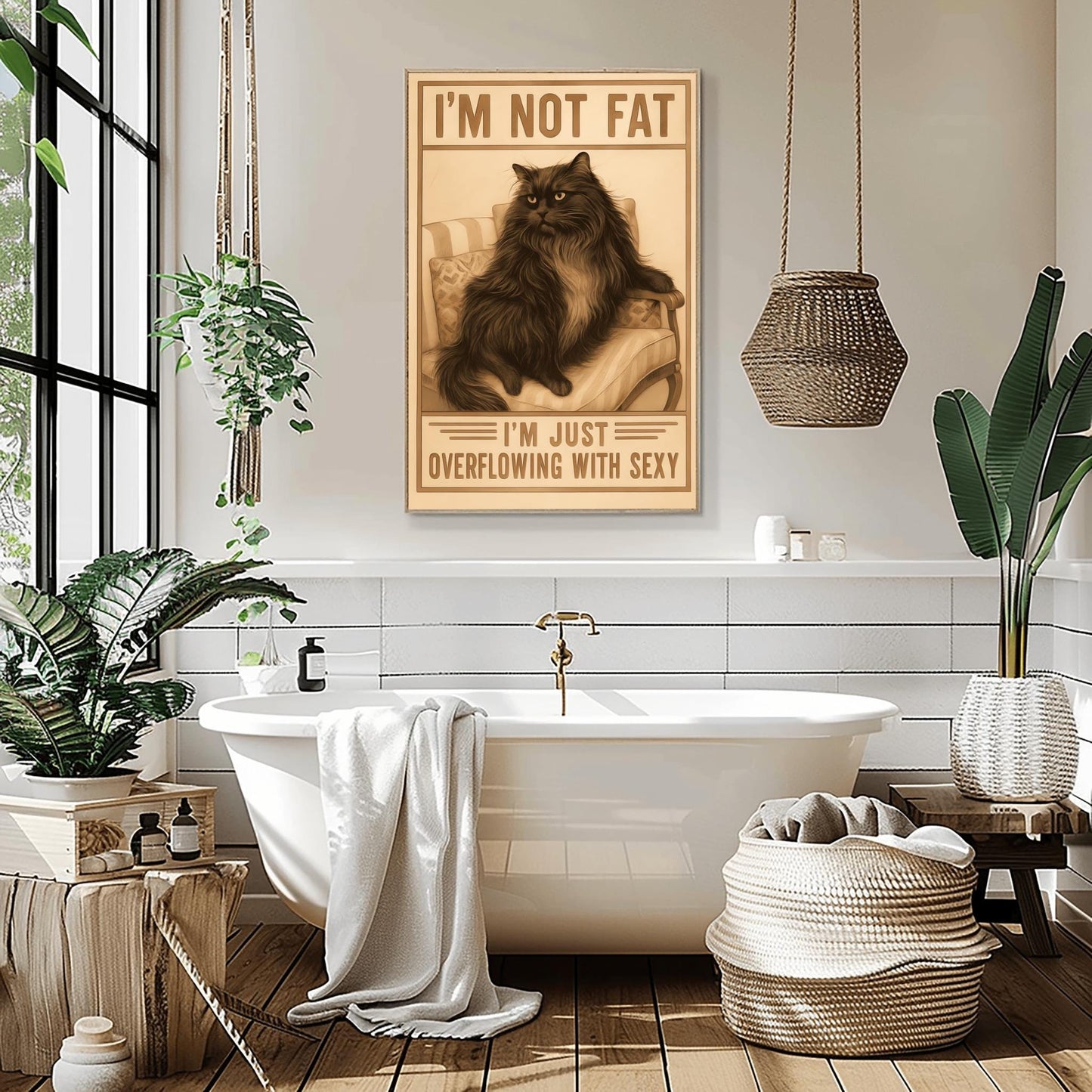 Funny Cat Poster, I'm Not Fat I'm Just Overflowing with Sexy, Cat Lover Gift, Vintage Cat Art, Humorous Black Cat Print