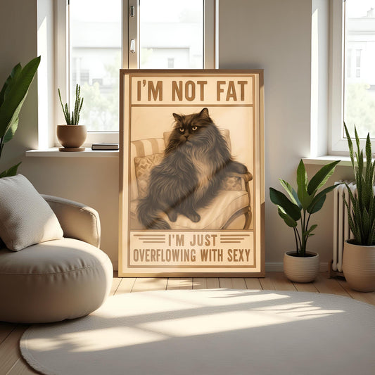 Funny Cat Poster, I'm Not Fat I'm Just Overflowing with Sexy, Cat Lover Gift, Vintage Cat Art, Humorous Black Cat Print