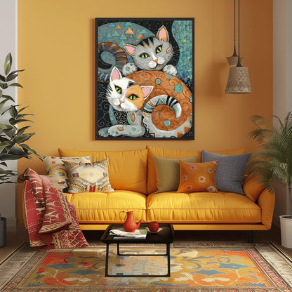 Folk Art Cat Print, Unique Cat Lover Gift, Whimsical Animal Decor, Colorful Cats Poster, Modern Nursery Art